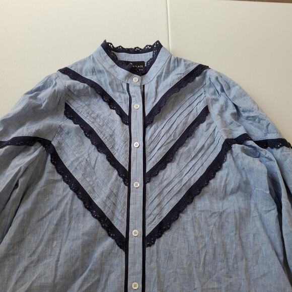 Pomander Place Jolene Dress Womens Large Blue Chambray Lace Trim Button Front - Picture 2 of 7